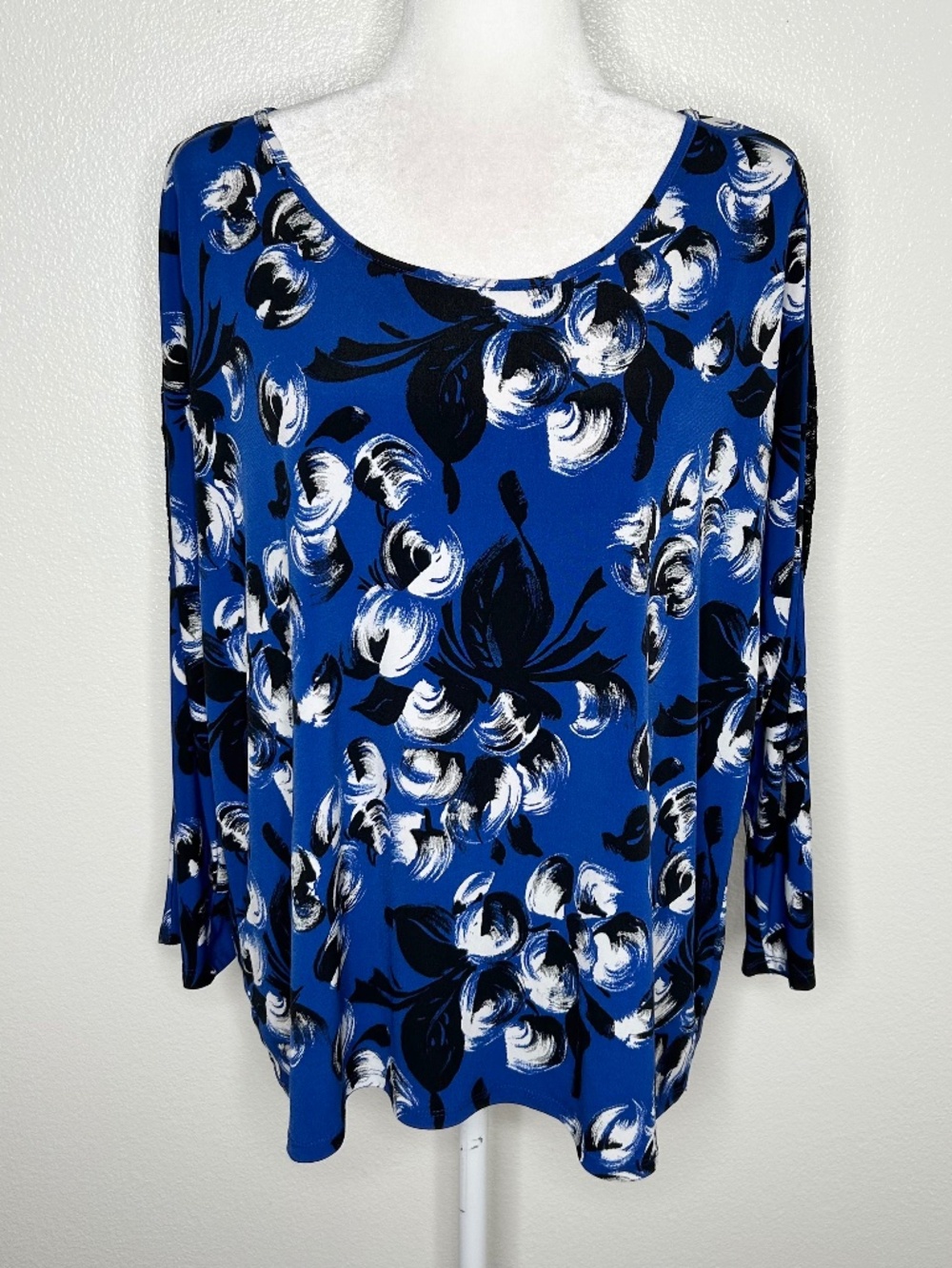 Vince Camuto Womens Blue Floral Long Sleeve Stretch Jersey Top Blouse Size XL